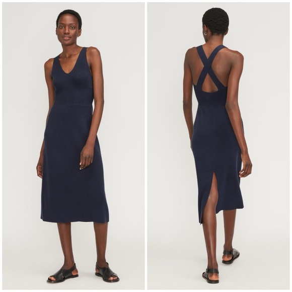 EVERLANE The Ribbed Cotton Cross-Back Dress In Navy - Picture 1 of 9